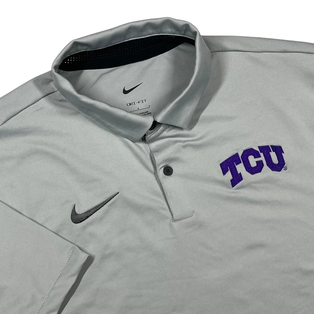 Nike TCU Polo Mens Large Grey Dri-FIT Short Sleeve Embroidered Horned Frogs Logo